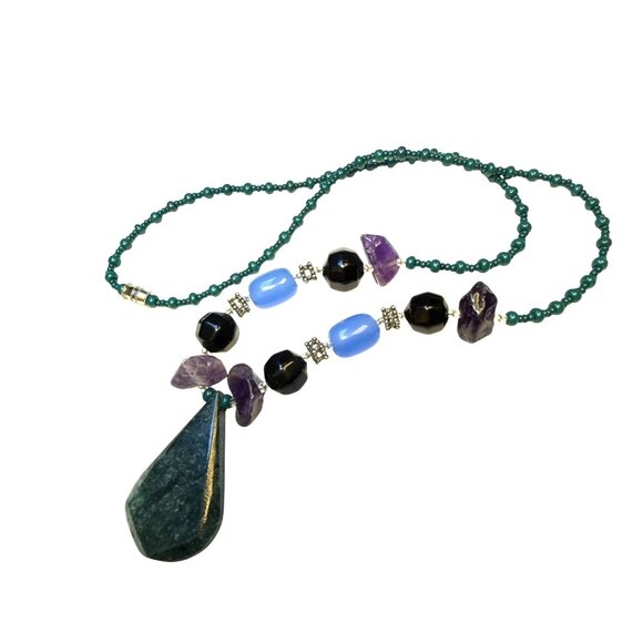 Blue Green Stone Pendant Necklace Boho Gemstone Jewelry Gift Handmade - Picture 1 of 10